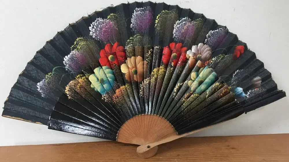 Vintage Antique Handpainted Wood Cloth Asian Japanese Chinese Sensu Fold Out Fan